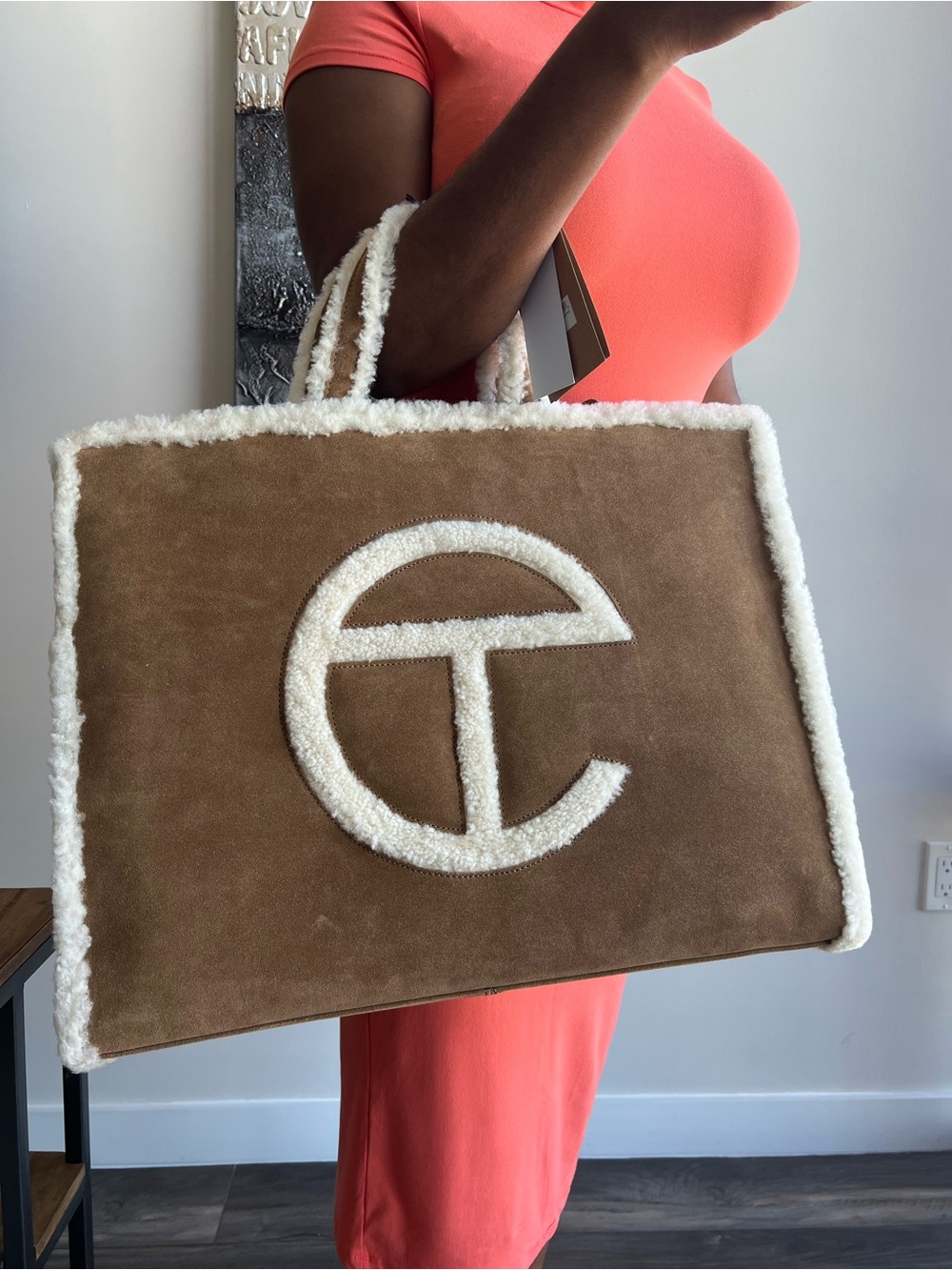Telfar Brown Suede Shearling-Trim Tote with Cream Logo